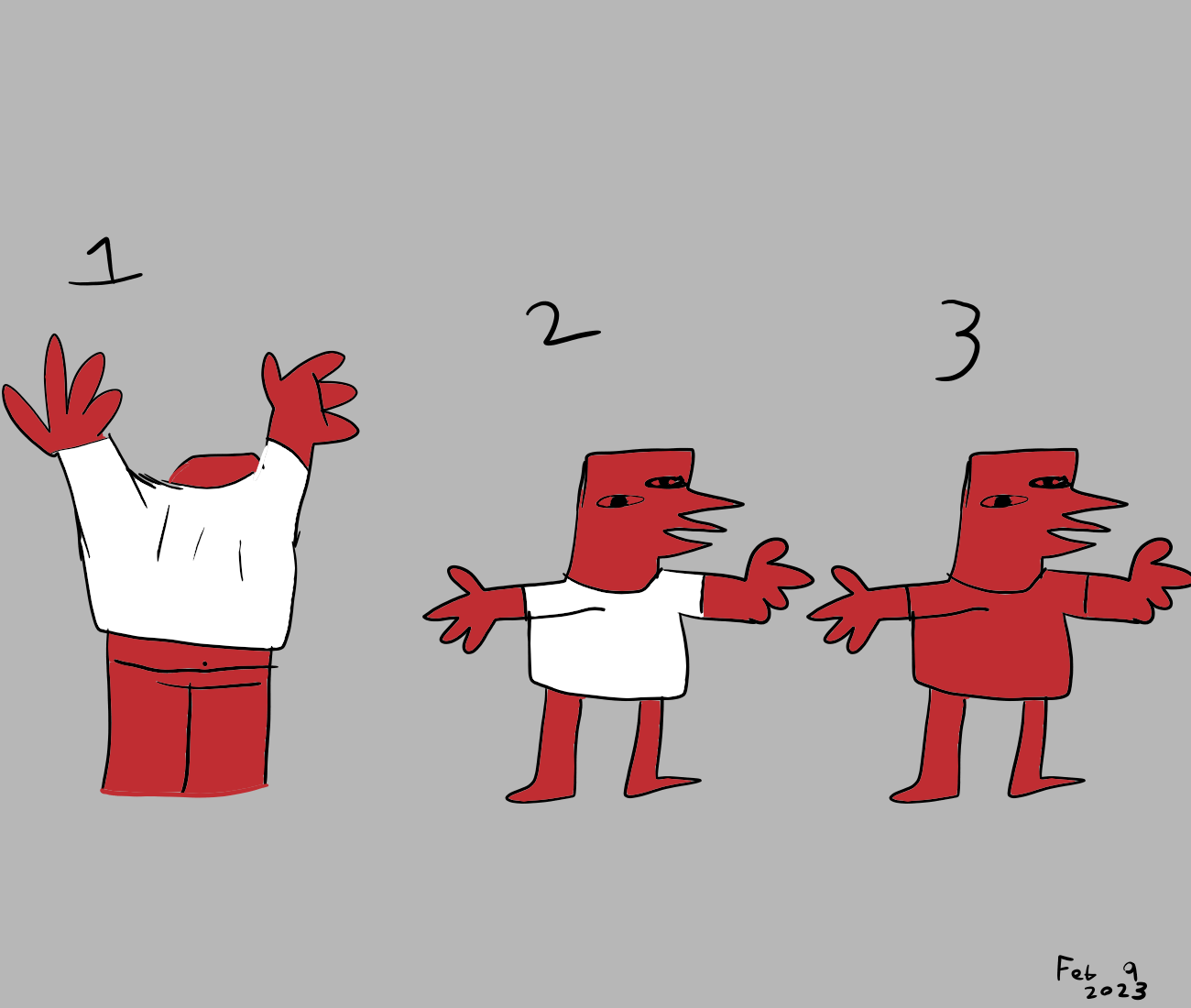 The red character now puts on the white shirt. The shirt turns from white to red.